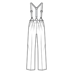Suspender Pants Dungarees technical fashion illustration with full length, low waist, rise, pockets. Flat apparel garment bottom front, white color style. Women, men unisex CAD mockup