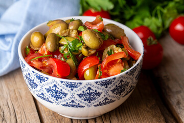 Gourmet flavors from traditional Turkish cuisine; green olive salad (Turkish name; Kirma yesil zeytin salatasi) A flavor belonging to the Turkey - Antakya region.