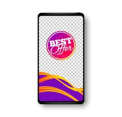 Best offer sticker. Phone mockup vector banner. Discount banner shape. Sale coupon bubble icon. Social story post template. Best offer badge. Cell phone frame. Liquid modern background. Vector