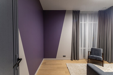 Modern interior of room with furniture in house. Chair and sofa.