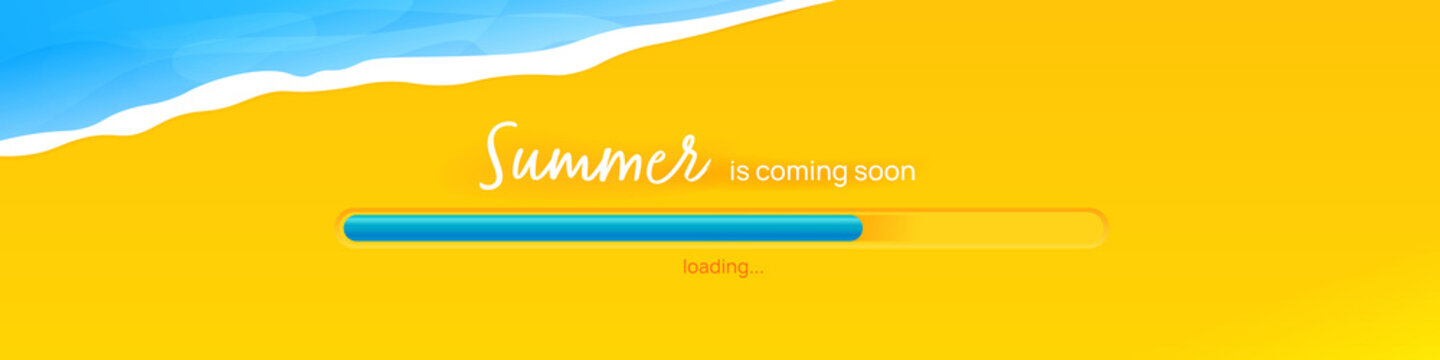 The summer is coming banner. The concept with sea and sand and the loading bar. A vector illustration