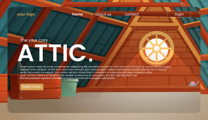 The attic landing page design. An old room interior for banner concept. A vector cartoon illustration. © annetdebar