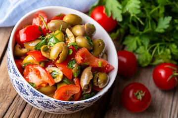 Gourmet flavors from traditional Turkish cuisine; green olive salad (Turkish name; Kirma yesil zeytin salatasi) A flavor belonging to the Turkey - Antakya region.