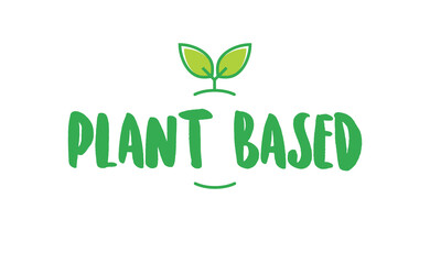 Fototapeta premium Plant based hand made text, hand drawn lettering style with leaves. Vegan and vegetarian food design concept. Veggie nutrition.