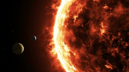 Planet Venus and Mercury slowly revolve around incendiary rotating Solar star. Magnetic storm, burning solar surface with prominences and glowing sparks on the black starry space sky - Powered by Adobe