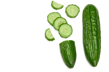 cucumber with slices isolated on white background. clipping path. top view