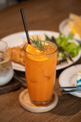 Fresh orange juice in a meal. Concept of healthy food combination for breakfast.
