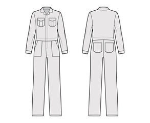 Workers jumpsuit overall technical fashion illustration with full length, normal waist, flap square pockets, hide placket closure. Flat front back, grey color style. Women, men unisex CAD mockup