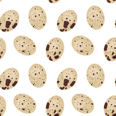 Top view, Seamless pattern with fresh quail eggs isolated on a white background. Natural healthy food and organic nutrition concept.