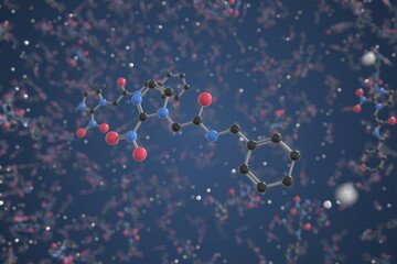 Benznidazole molecule. Ball-and-stick molecular model. Chemistry related 3d rendering