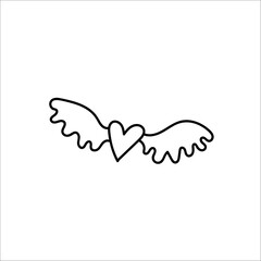 Heart with wings. Hand drawn doodle symbol of Sain Valentine s Day. Black stroke. Vector illustration isolated on white background.