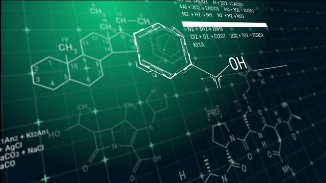 Animation of emerging chemical formulas on green background. Typing chemical reaction equations in abstract digital space. - Powered by Adobe