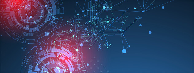 Abstract background with plexus effect. Scientific and technological concept with the use of technical elements formed in the shape of a circle.