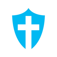 Fototapeta premium Shield vector icon. Black shield icon with christian cross symbol.