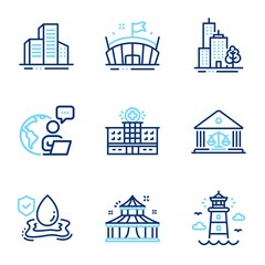 Fototapeta na wymiar Buildings icons set. Included icon as Hospital building, Lighthouse, Buildings signs. Court building, Flood insurance, Skyscraper buildings symbols. Arena, Circus line icons. Line icons set. Vector