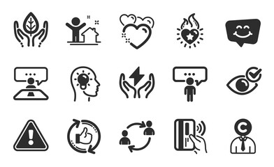 Interview job, Contactless payment and Heart flame icons simple set. User communication, Smile chat and Safe energy signs. Heart, New house and Fair trade symbols. Flat icons set. Vector
