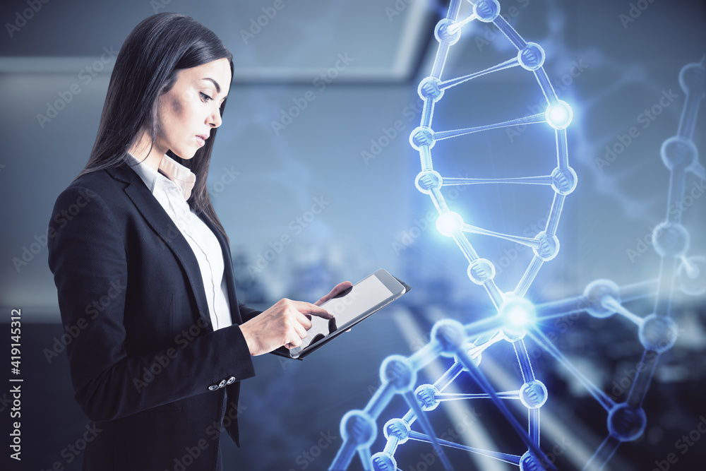 Poster DNA programming and innovative technologies concept with businesswoman using digital tablet and digital DNA chromosome