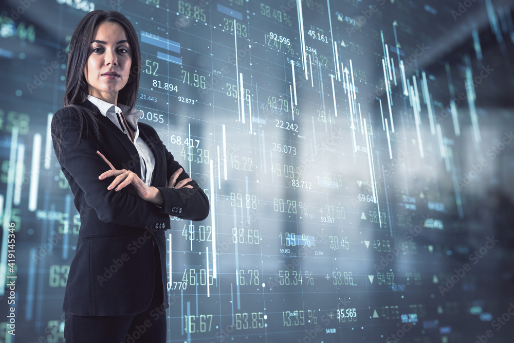 Aufkleber big data business concept with businesswoman at digital screen with statistic indicators and graphs 