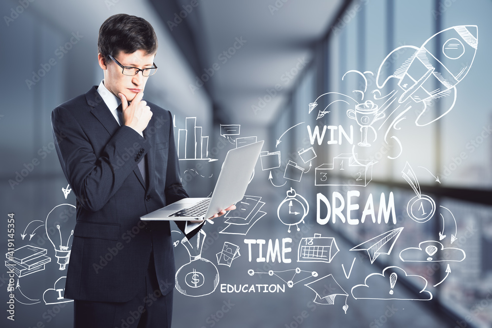 Poster startup concept with pensive businessman with laptop and drawn business plan sketch with rocket taki