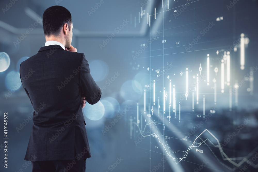 Aufkleber Analytics and analyzing concept with businessman looking at digital screen with glowing statistic indicators and graphs