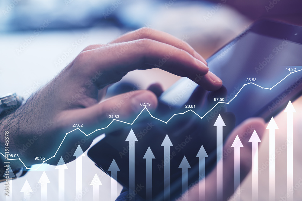 Poster growing stock market concept with financial diagram and arrows up on backdrop with man hand touching