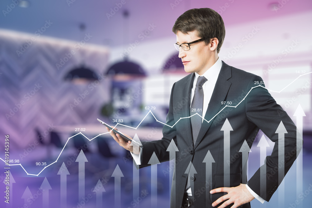 Aufkleber satisfied businessman looking at digital tablet display and digital financial chart with diagram and