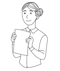 Girl holding blank empty piece of paper. Vector illustration isolated on white background  for greeting cards, posters, stickers, seasonal design, coloring book