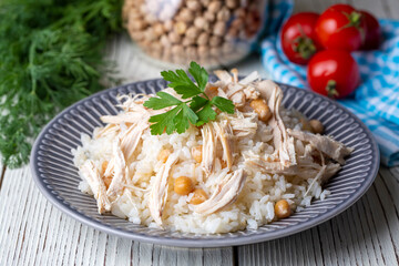 Turkish Rice with chickpea served, Turkish name; Nohutlu pilav or pilaf