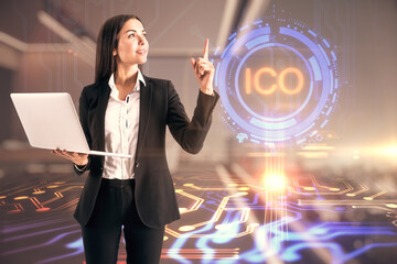 ICO concept with joyful businesswoman found new idea to increase profit
