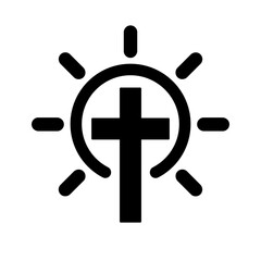 Christian cross with sun rays. Black religion symbol. Vector illustration.