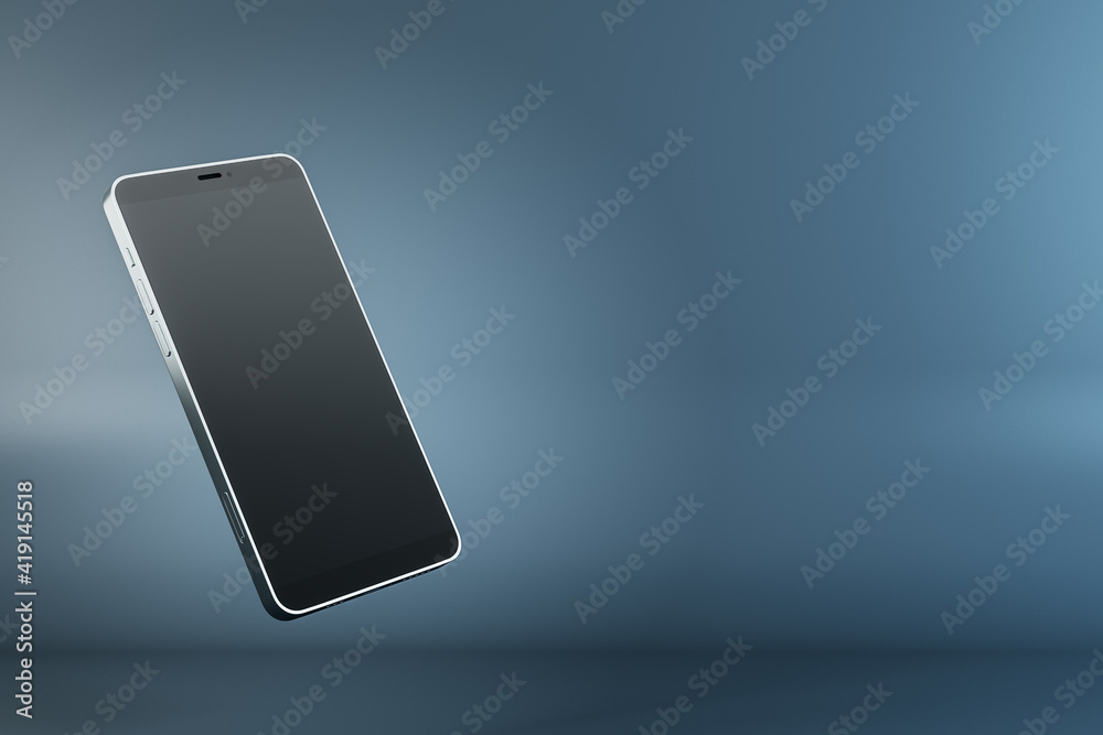Poster black modern smartphone display with copyspace for your logo at abstract background. mockup