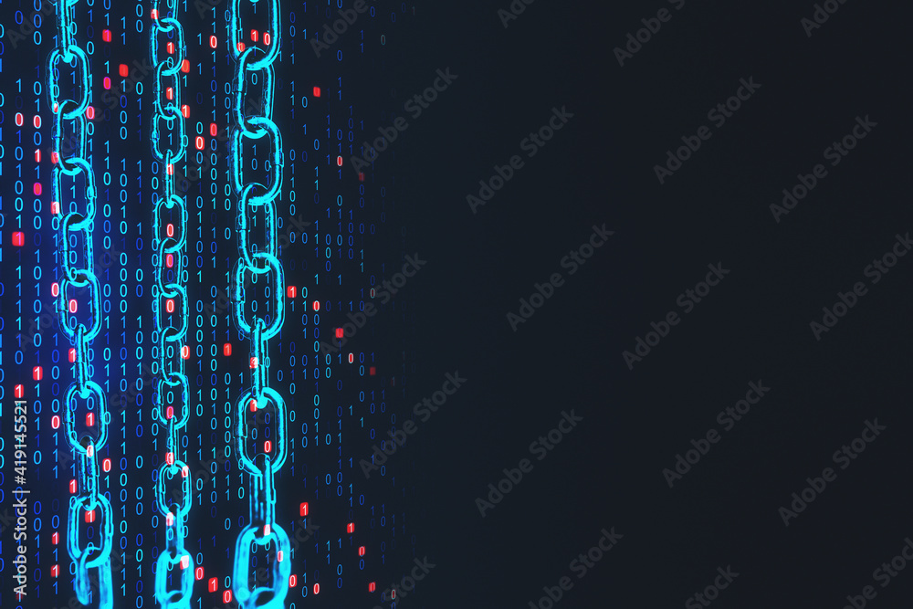 Aufkleber E-commerce and blockchain business concept with glowing blue chain and digital coding numbers on abstract dark background