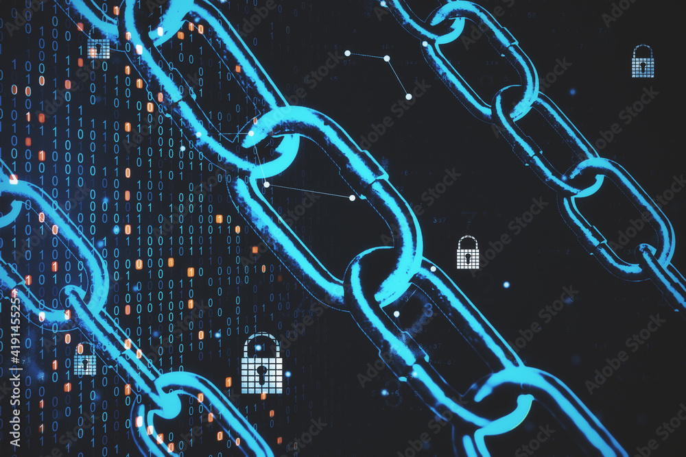 Aufkleber Innovative e-commerce blockchain concept with digital chain on dark background with binary code numbers and locks