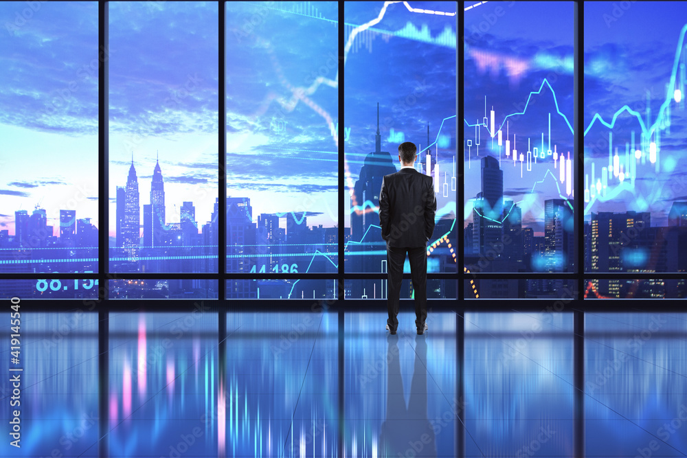 Poster Global investment business concept with businessman analysing digital display with world map, forex chart graphs and candlestick