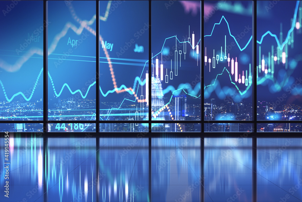Aufkleber stock market profit concept with view from big window on digital forex chart with glowing financial 