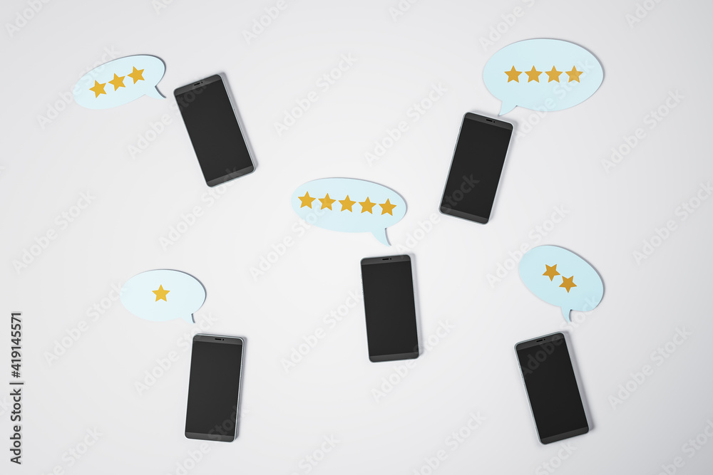 Poster social network rating icons and black display smartphones on light background
