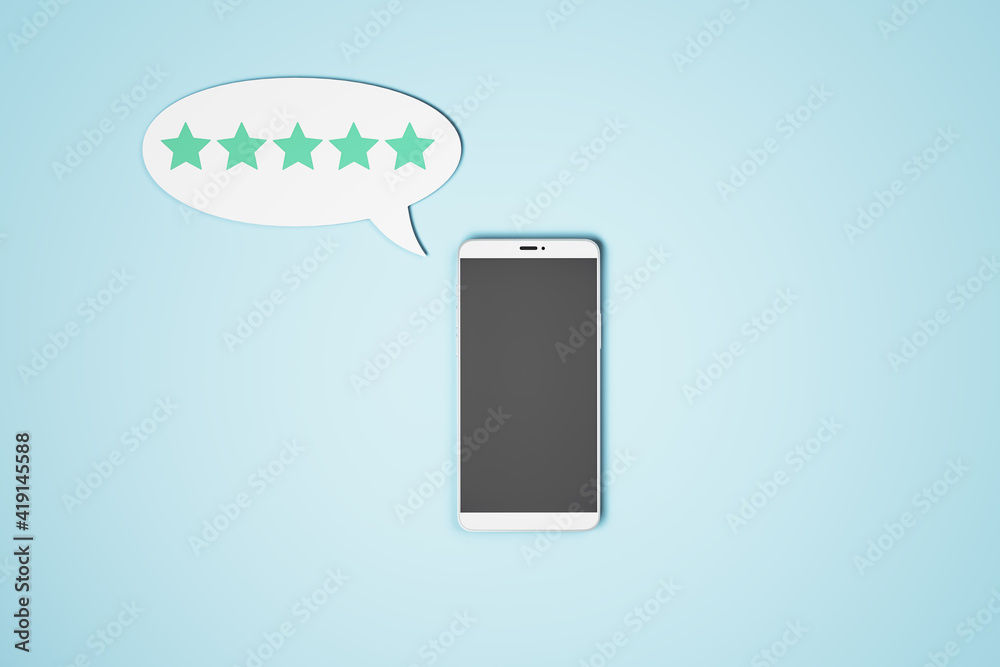 Aufkleber High social network rating concept with empty black smartphone screen and speech bubble with five stars inside on blue surface. Mock up