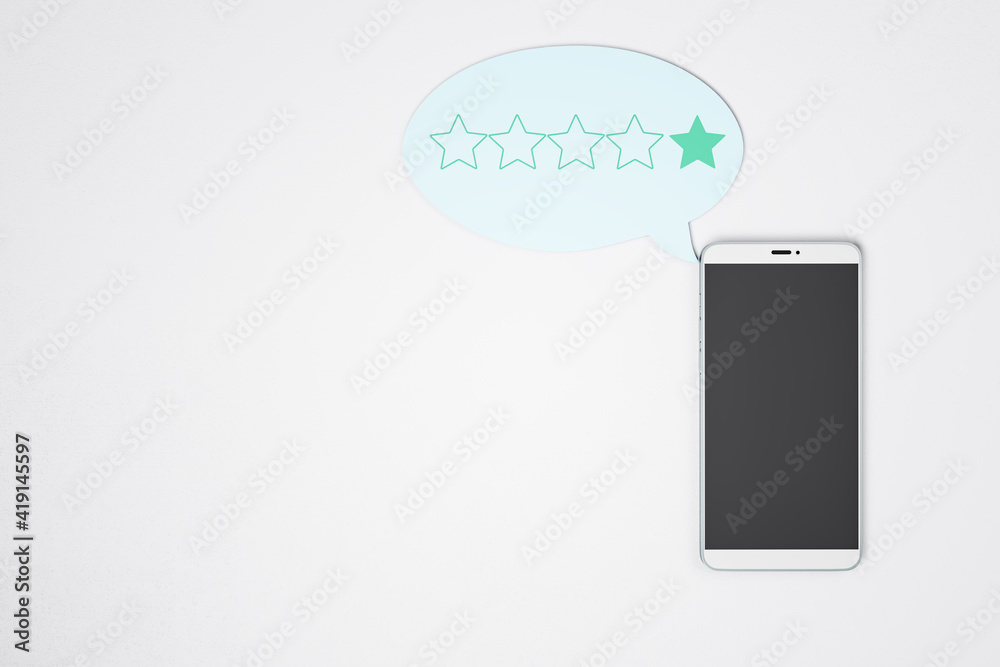 Poster Low rating concept with blank black cell phone display on light background and speech bubble with one star inside. Mockup