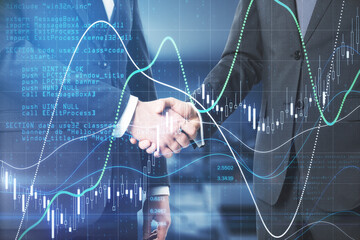 Business partnership concept with handshaking of two businessman and digital screen with stock market chart