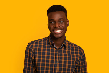 Portrait Of Positive African American Male In Checkered Shirt Smiling At Camera