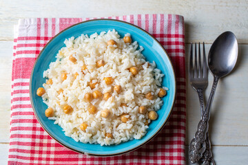Turkish Rice with chickpea served, Turkish name; Nohutlu pilav or pilaf