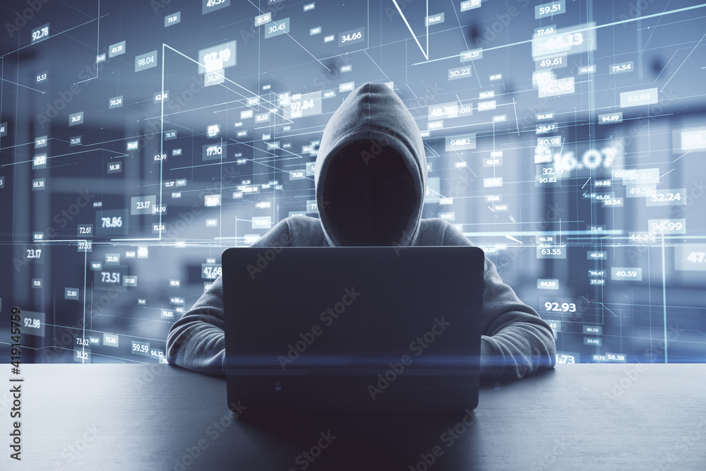 Poster big data personal information safety technology concept with noface hacker working with laptop at di