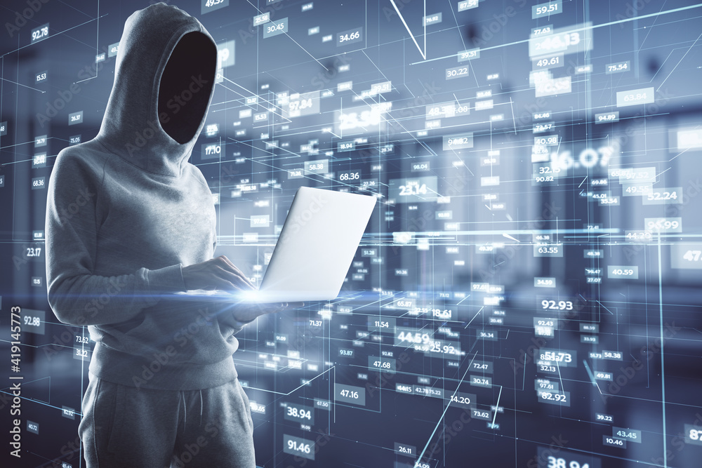 Aufkleber Big data security concept with noface hacker with laptop and digital virtual space with glowing numbers and indicators