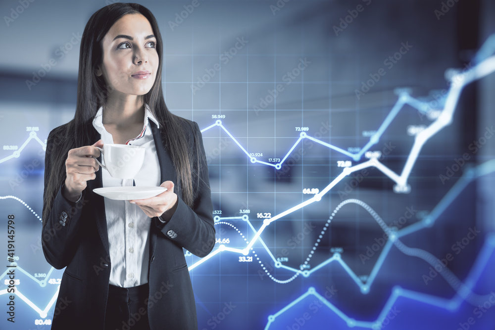 Aufkleber satisfied businesswoman with coffee cup on abstract digital background with glowing statistic data g