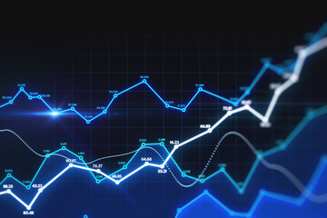 Big data net concept with digital glowing statistic graphs and numbers on dark wallpaper