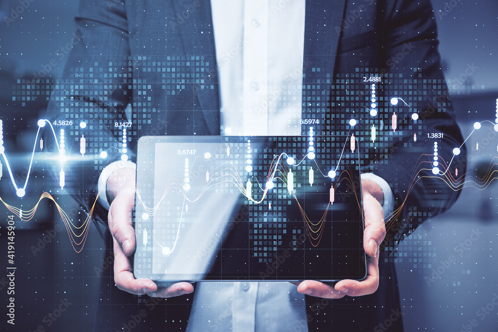 Poster Big data network technologies concept businessman shows digital tablet screen and abstract glowing statistic indicators