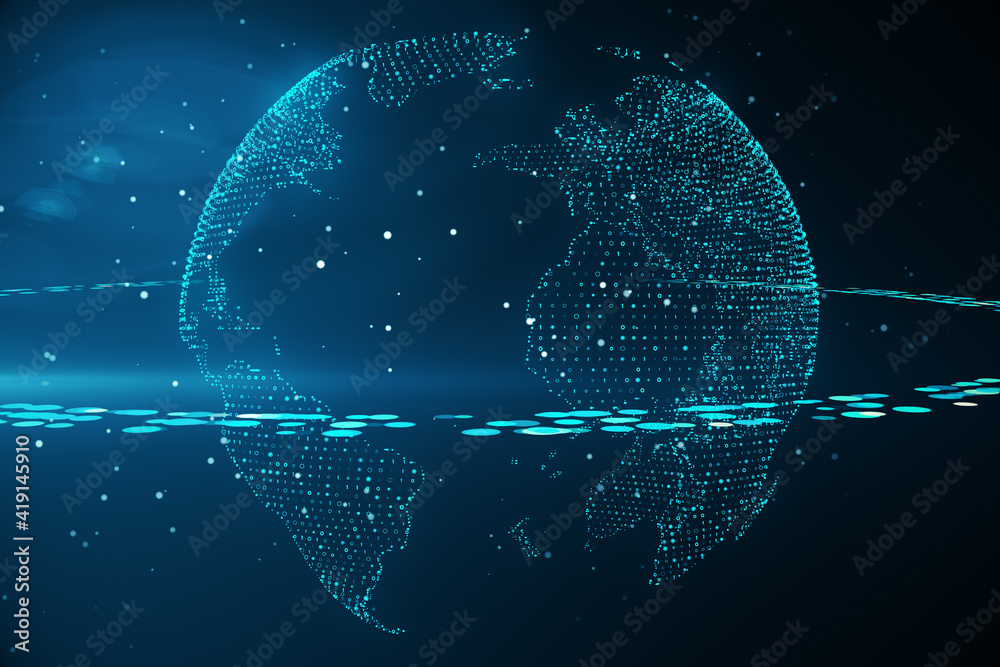 Poster Digital transformation and telecommunication concept with earth planet layout and satellite connection