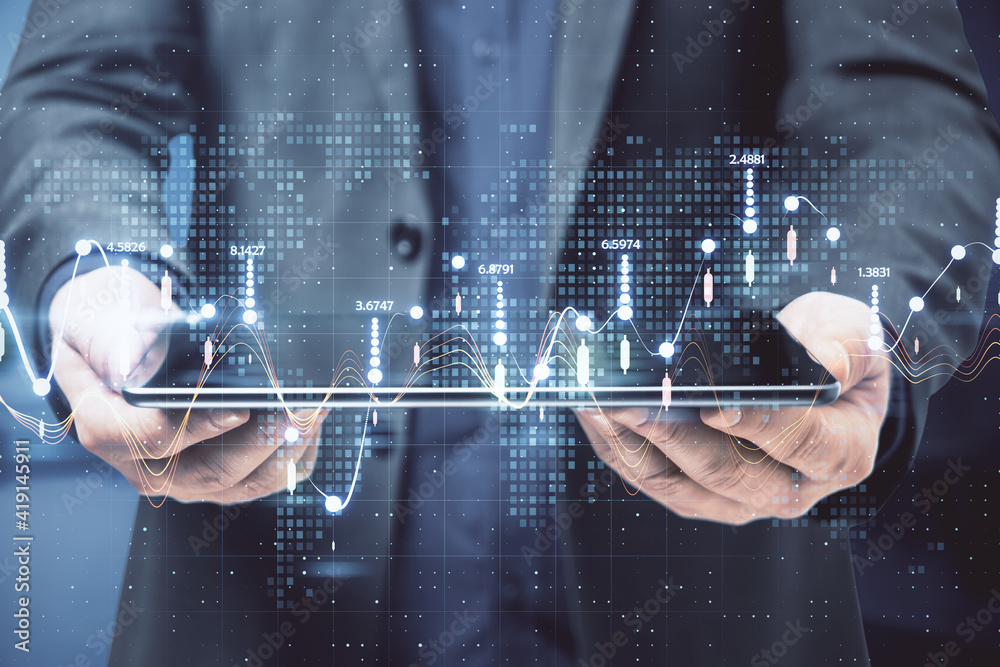 Poster Analyzing and analytics concept with businessman holds digital tablet and glowing statistic numbers and graphs above
