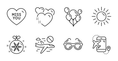 Flight destination, Sunglasses and Sun line icons set. Heart, Balloons and Miss you signs. Cancel flight, Christmas ball symbols. Airplane trip, Travel glasses, Summer. Holidays set. Vector