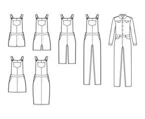 Set of Dungarees Denim overall jumpsuit dress technical fashion illustration with full knee mini length, normal waist, high rise, pockets, Rivets. Flat front, white color style. Women, men CAD mockup